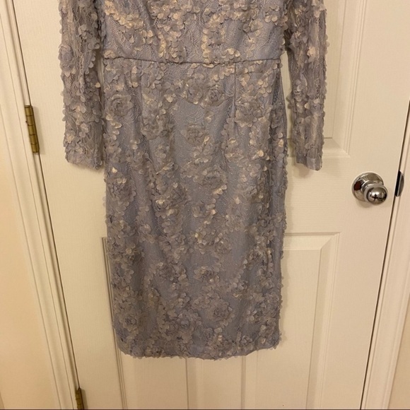 XSCAPE Metallic Lace Sheer Long Sleeve Bodycon Dress in Grey/Gold - Picture 8 of 10